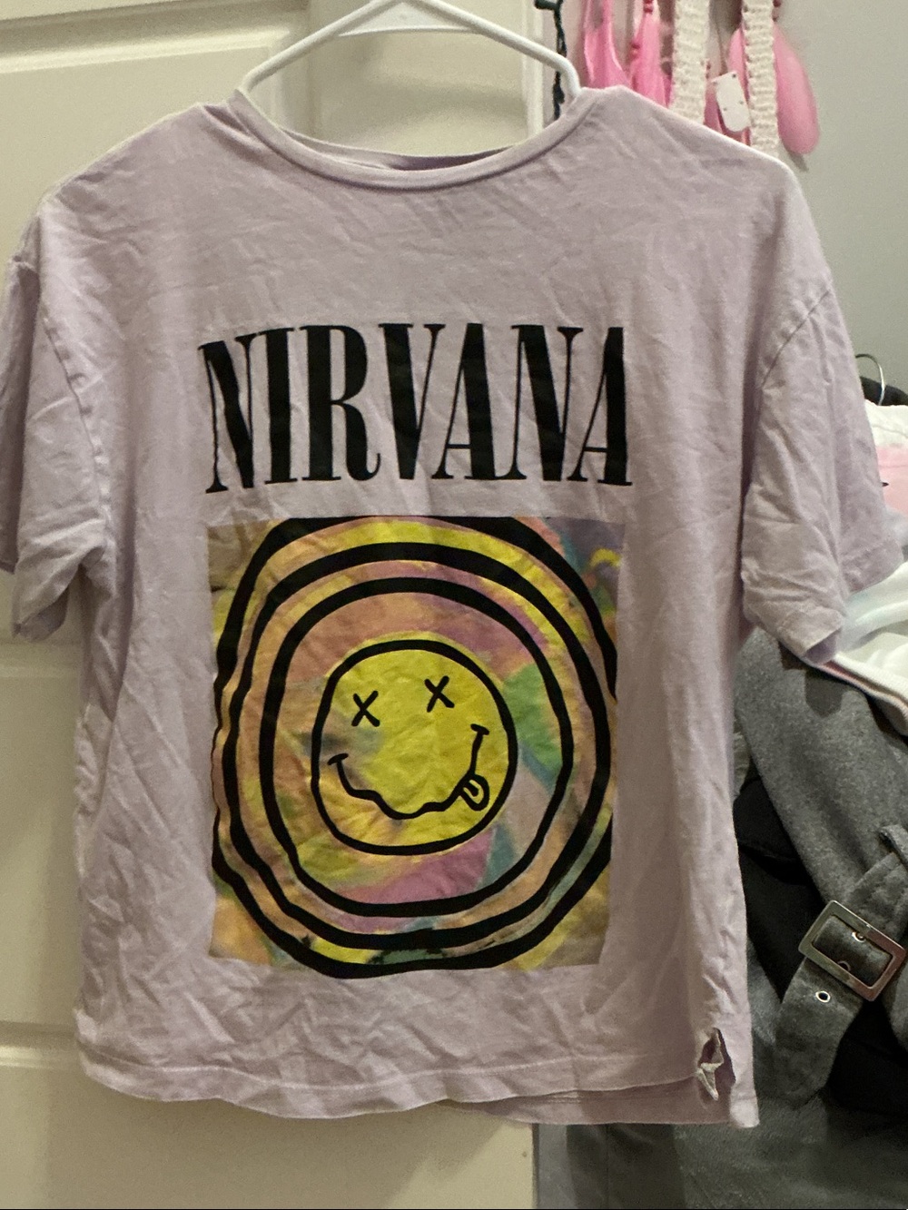 Zara NIRVANA Lavender Short Sleeve Tee with Multicolor Smiley Graphic